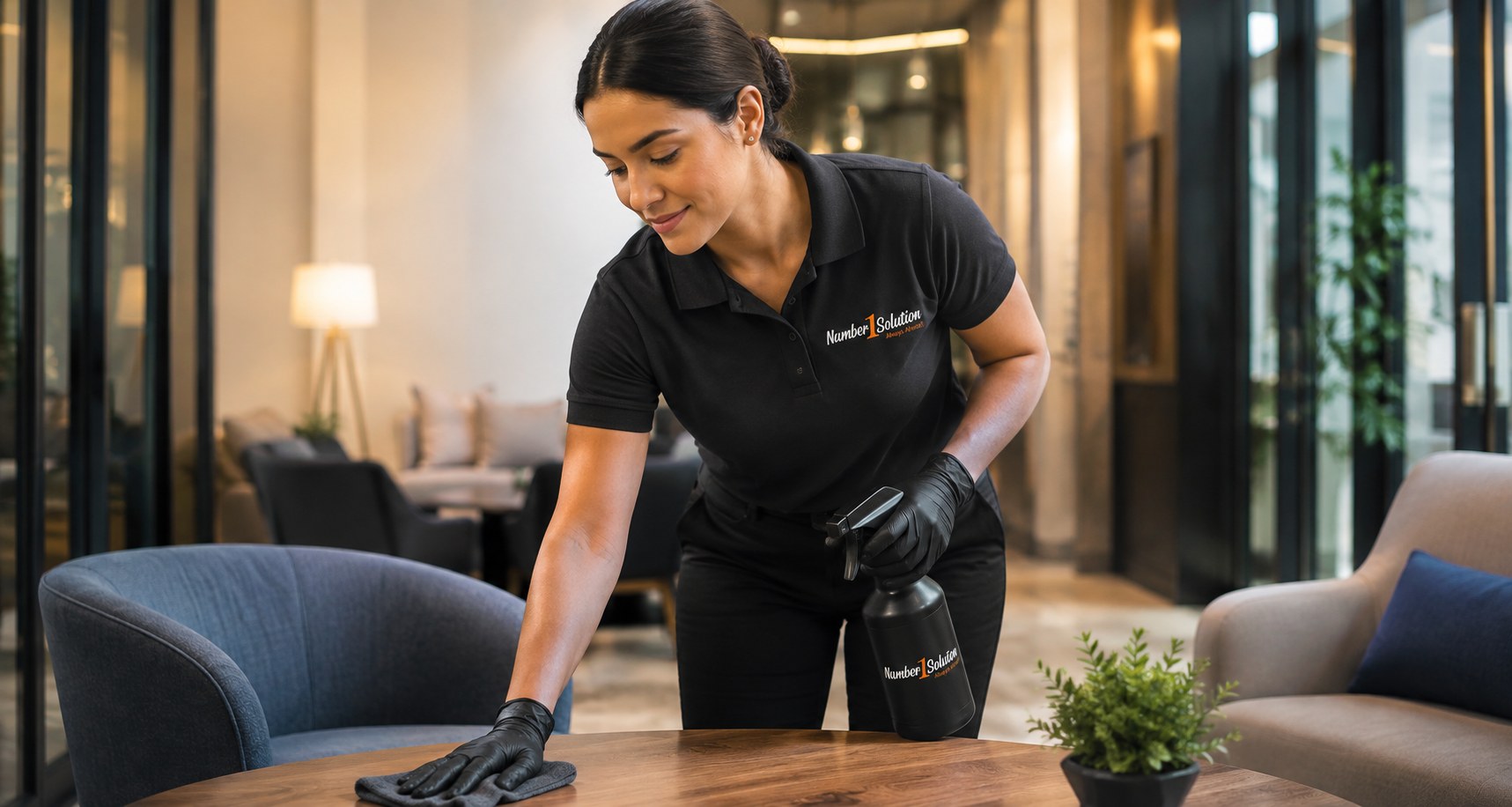 Uniformed cleaning team servicing a hotel lobby